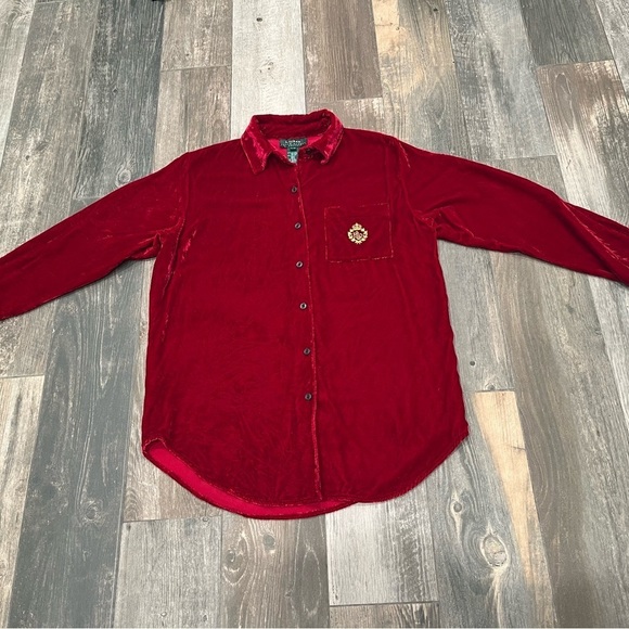 LAUREN Ralph Lauren Red Velvet Blouse Silk Blend Small Petite Gold Logo Crest - Picture 5 of 9